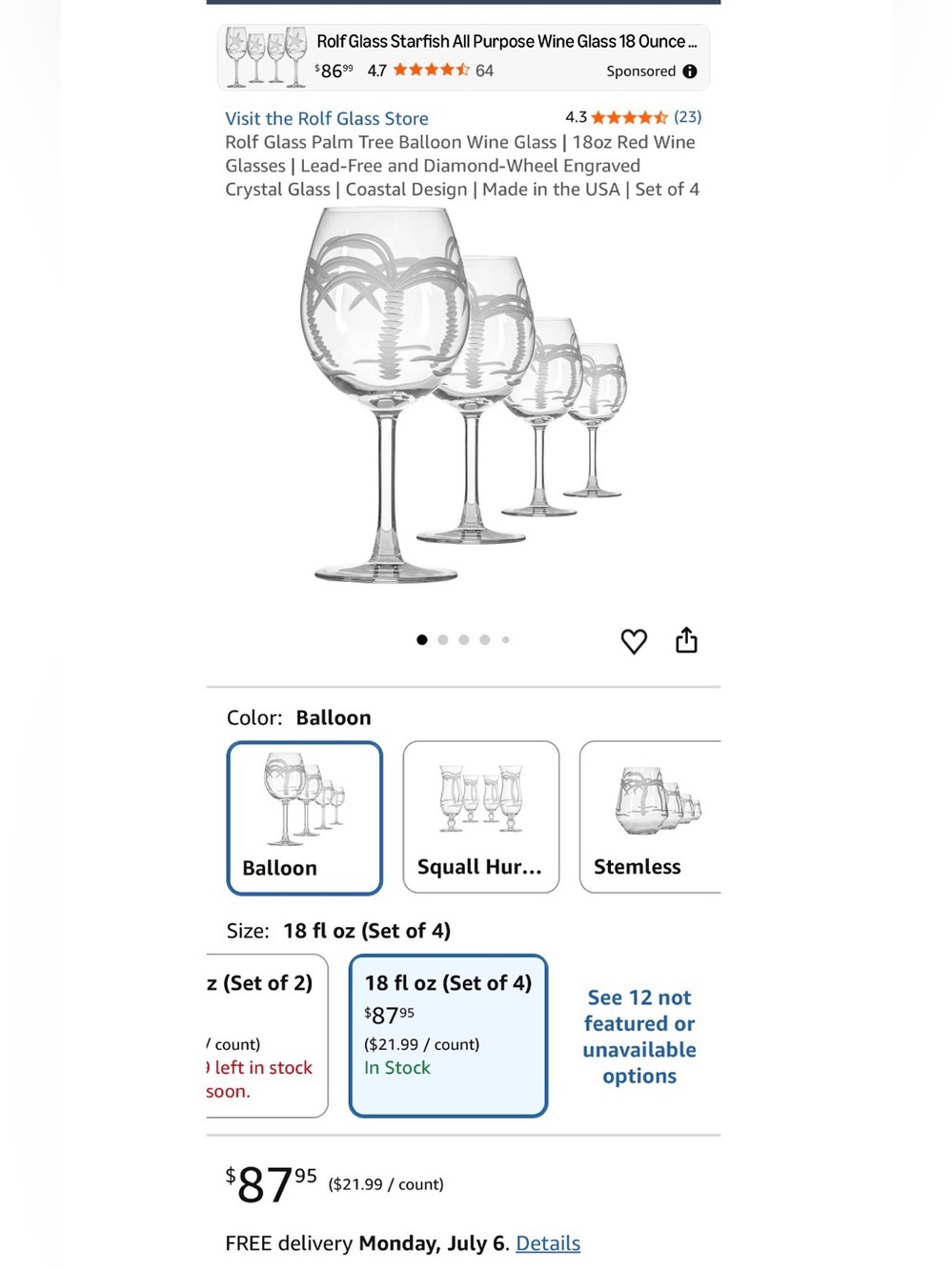 Late 20th Century Rolf Palm Tree Etched Glass Wine Glasses- Set of 4 - Picture 7 of 8